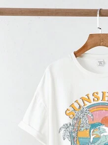SHEIN 少女休闲简约夏日度假图案短袖T恤，棉混纺，适合夏季 - 白色 - 查看 5