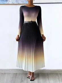 SHEIN Lady Spring Elegant Gradient Color Pleated Long Dress With Waistband