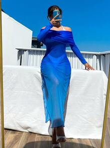 SHEIN Swim Vestido de cubierta de traje de baño de verano para mujer congradiente, hombros descubiertos, abertura lateral y tela transparente - Azul - Ver 3