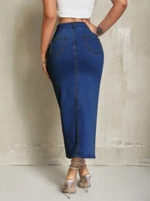 SHEIN SXY Spring/Summer Casual Front Slit Slim-Fit Denim Skirt - Dark Wash - View 3