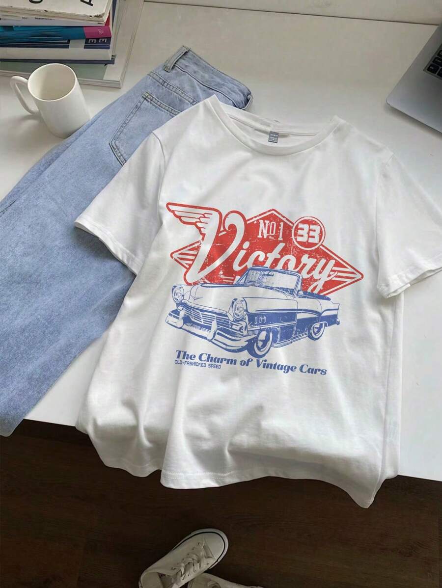 SHEIN EZwear 大码复古汽车图案 T 恤，宽松短袖圆领休闲套头衫，女式 - 白色 - 查看 1
