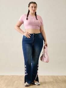 Forever 21 Pink Elastic Band Short Sleeve Women T-Shirt - Pink - View 4