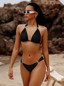 SHEIN Swim Solid Color Bikini Set With Metal Decoration, Detachable Top And Bottom For Beach Vacation, 2pcs/Set Summer Beach