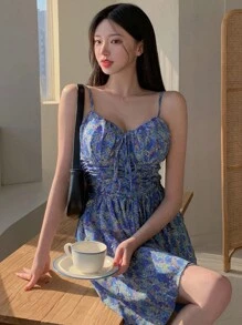 DAZY Đầm dự tiệc nữ họa tiết hoa nhí, dây đeo eo, thích hợp cho kỳ nghỉ hoặc du lịch. - trắng - Xem 7