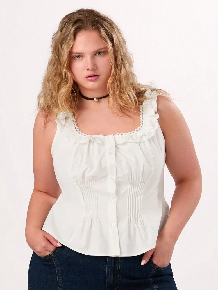 Plus Size Women Casual Pleated Frill Trim Beach Vacation Camisole Top