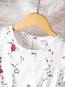 SHEIN 女孩印花荷葉袖繫腰帶連衣裙 - 白色 - 查看 6
