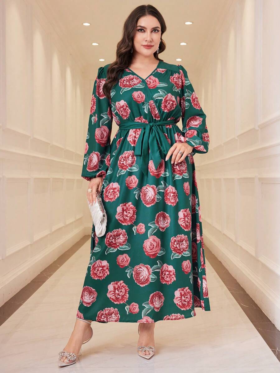 Modelyn Váy dạ hội dài in hoa cỡ lớn theo phong cách Ả Rập cổ chữ V - Nhiều màu - Xem 1