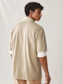 Manfinity VCAY Men Summer Casual Color-Block Letter Print Short Sleeve Polo Shirt With Turn-Down Collar - Khaki - View 2