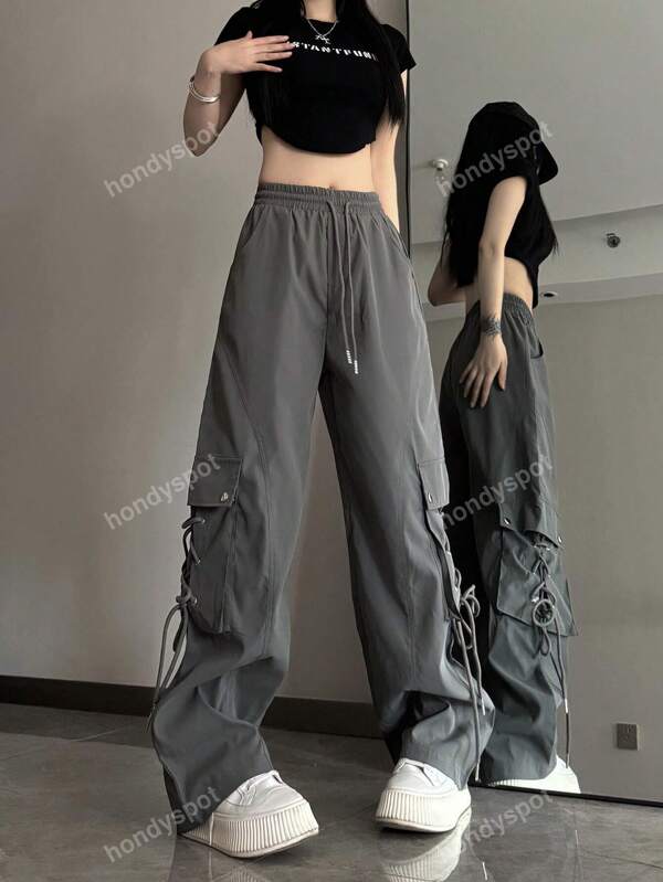 Casual Solid Color Lace-Up Pocket Cargo Pants