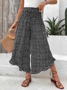 EMERY ROSE 夏季休閒黑底小花紋女長褲，有褶邊裝飾，適合外出街頭