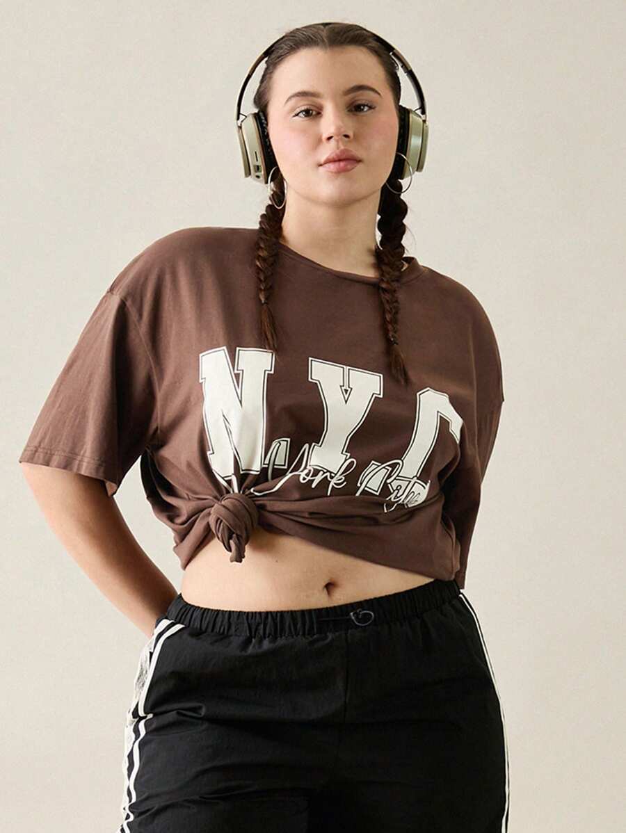 Forever 21 Plus Size Women Loose Fit Letter Print T-Shirt - Coffee Brown - View 1
