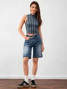 Forever 21 Quần short denim túi xéo đơn giản và giản dị dành cho nữ - Màu xanh bụi bặm - Xem 5