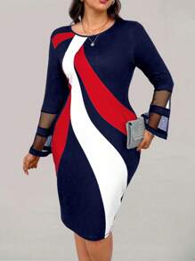 SHEIN Clasi 春夏大碼休閒對比色網紗拼接喇叭袖修身連衣裙 - 藏蓝色 - 查看 4