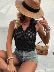 Knit Mix Áo dệt kim không tay màu trơn khoét rỗng cho nữ (Mẫu ngẫu nhiên) - màu đen - Xem 8