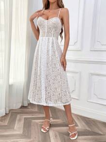 SHEIN Privé Women Lace Cup Floral Fishbone Strap A-Line Long Dress, Elegant For Vacation Wedding Festival - White - View 3