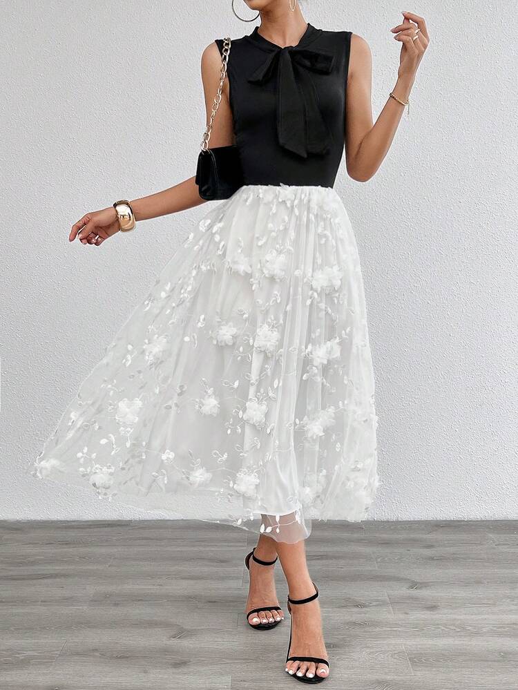 Women Summer Simple And Elegant Floral Applique Knotted Collar Sleeveless Dress With Random Flower Pattern