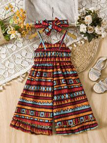 Jumpsuit Bayi Perempuan Shirred Geometris Kesukuan Plants All Over Print - MultiWarna - View 2
