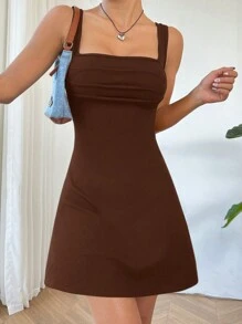 SHEIN EZwear Women Summer Solid Color Pleated Slim Simple Strappy Dress - Coffee Brown - View 5