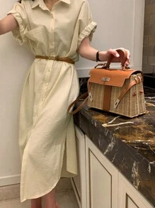 DAZY Striped Shirt Dress Without Belt Sundress,Fall Dress Long Sleeve Dress - Apricot - View 5