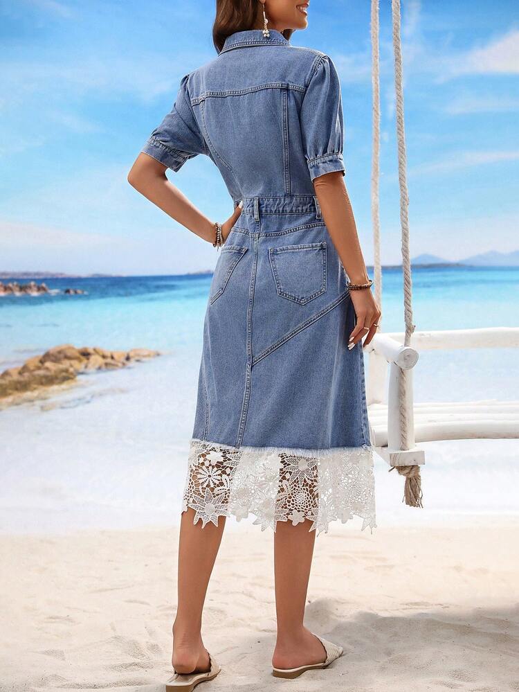 Women Fashionable Bubble Sleeve Short-Sleeved Denim Dress For Spring And Summer Vacation Fall Cloth For Women