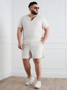 Manfinity Homme 男士大碼夏季純色短袖休閒T恤套裝與口袋短褲 - 杏色 - 查看 1