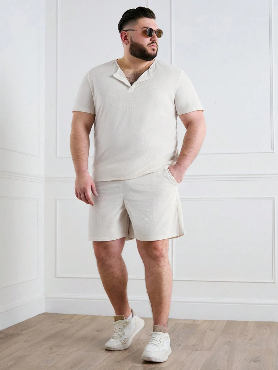 Manfinity Homme 男士大碼夏季純色短袖休閒T恤套裝與口袋短褲 - 杏色 - 查看 1