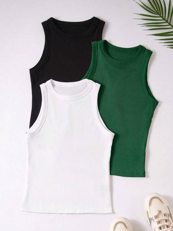 Flirla Women Solid Color Round Neck Ribbed Hollow Out Sleeveless Top