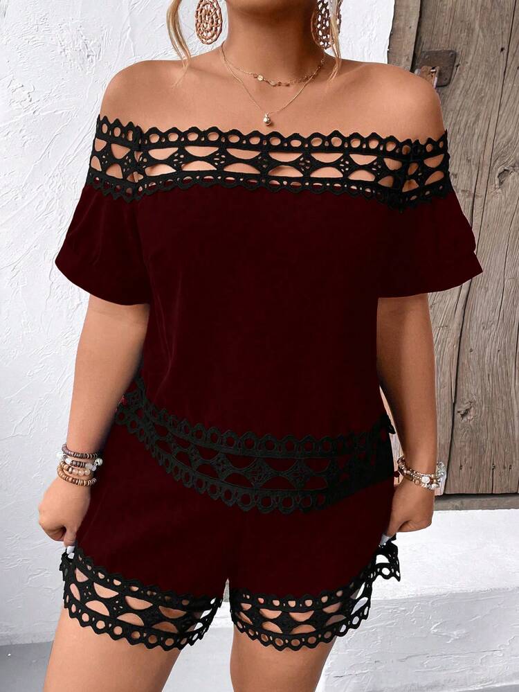 Plus Size Women Summer Loose Fit 2 Pieces Set Of Lace Hollow Out Off Shoulder Short Sleeve Blouse And Shorts