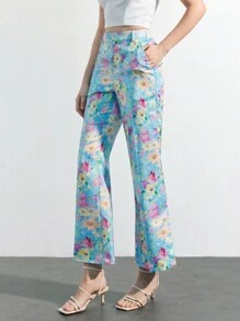 Maija 女士时尚休闲花卉印花褶皱阔腿裤，夏季