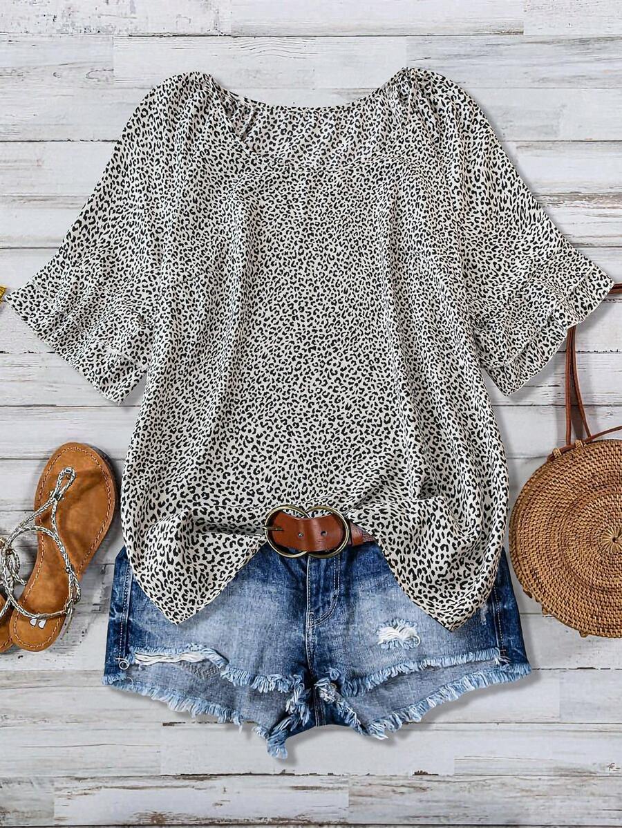 SHEIN LUNE Plus Size Leopard Print Short Sleeve Summer Shirt With Round ...