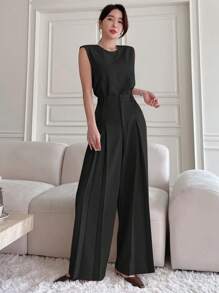 DAZY 2pcs Solid Color Round Neck Slit Sleeveless Top & Wide Leg Pants Set Summer - Black - View 3