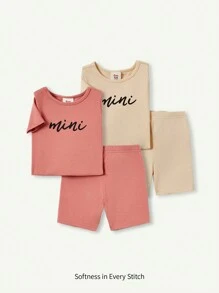Cozy Pixies Baby Girl Snug Fit Pajama Set, Including A Short-Sleeved Crew-Neck Top And Shorts With Alphabet Pattern