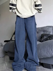 女士宽松工装牛仔裤，休闲时尚，适合日常穿着 - 藍色 - 查看 2