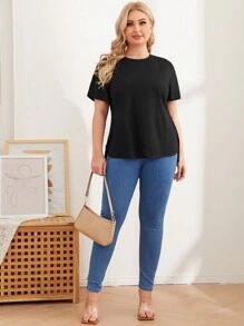 SHEIN Essnce Plus Split Hem Solid Top - Black - View 5