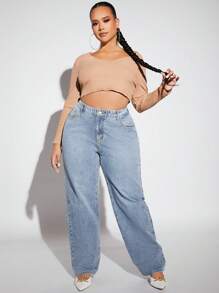SHEIN SXY Plus Size Casual Loose Fit Straight Leg Jeans With Washed Finish