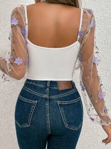 Chiquease 不對稱下擺燈籠袖上衣,帶有網眼和花卉裝飾