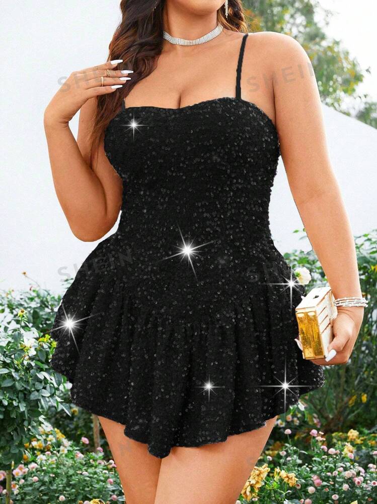 SHEIN SXY Plus Size Sparkly Mini Spaghetti Strap Dress For Summer