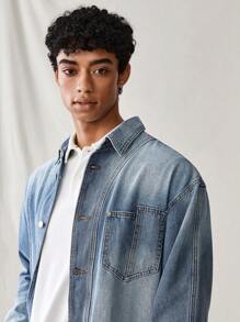 Manfinity Hypemode Camisa casual de mezclilla azul claro suelta para hombre, manga larga, para uso al aire libre en primavera