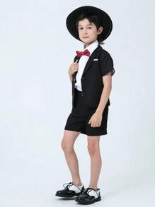 SHEIN 年轻男孩 2 件套绅士装，短袖西装外套和短裤，时尚，适合生日派对、才艺表演、婚礼和一个月派对 - 黑色 - 查看 7