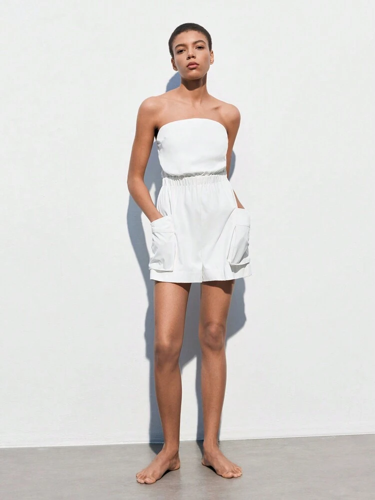 SHEIN Maija Women's Summer Casual White Solid Color Halter Overalls Jumpsuit