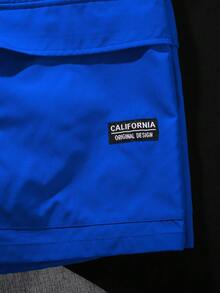 SHEIN Tween Boy 休闲韩版圆领抽绳字母印花拼色 T 恤，纯色 3D 口袋编织短裤两件套 - 寶藍色 - 查看 4