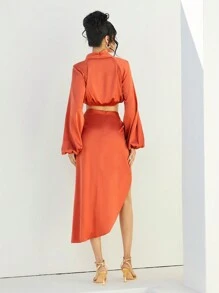 SHEIN Unity Conjunto de dos piezas con blusa de manga farol y falda cruzada