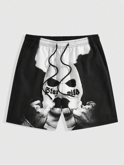 Goth Men Drawstring Abstract Patterned Elastic Waist Colorblock Summer Shorts, School