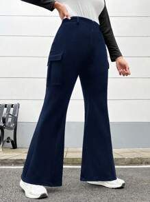 SHEIN EZwear Plus Size Casual Solid Color Cargo Flared Pants - Navy Blue - View 3