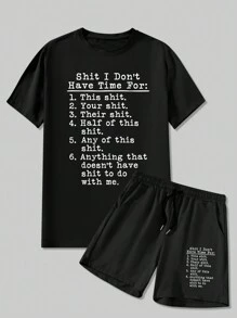 Manfinity Homme Men Plus Size Slogan Printed Round Neck Short-Sleeved T-Shirt And Shorts, Suitable For Summer