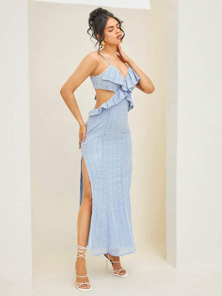 Swiss Dot Ruffle Cut Out Split Thigh Slip Dress