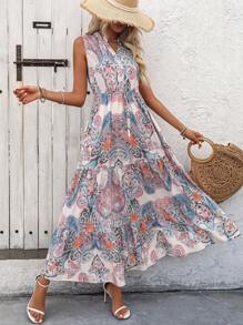 SHEIN VCAY Ladies Casual Resort Mặc váy không tay có in hình lông công và đường viền cổ chữ V - Nhiều màu - Xem 4