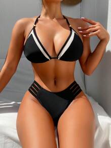SHEIN Swim Conjunto de bikini con empalme de malla para vacaciones de verano en la playa
