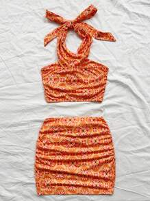 Soleia Women's Vacation Style Orange Boho Print Cross Wrap Front Crop Top And Drawstring Waist Bodycon Skirt 2-Piece Set, Suitable For Music Festival, Summer Beach Outfit - Orange - View 2