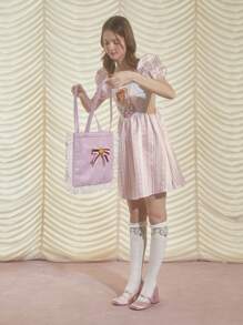 CARDCAPTOR SAKURA | SHEIN Bolso Rosa De Mano Para Mujer Con Lazo Decorativo, Detalles De Borde Ondulado En Contraste